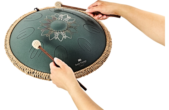 Tongue Drum F# minor Meinl Sonic Energy 16'' Octave Steel Tongue Drum, F# Minor, 9 Notes, 432 Hz, Dark Green, Engraved floral design