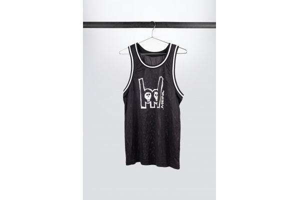 Black  tanktop with imprinted white metal-fork logo on chest
