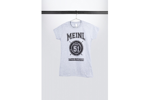 Gray Meinl Girlie T-shirt with imprinted black college logo on chest