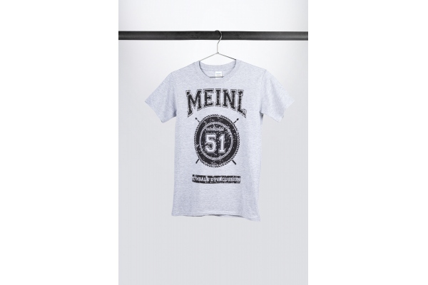 Gray Meinl T-shirt with imprinted black college logo on chest 